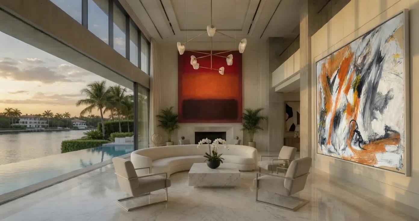Large abstract paintings displayed in a bright waterfront living room